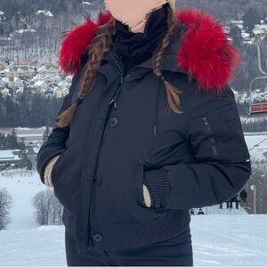 Kenzo Black Puffer Jacket with Red Fur Trim